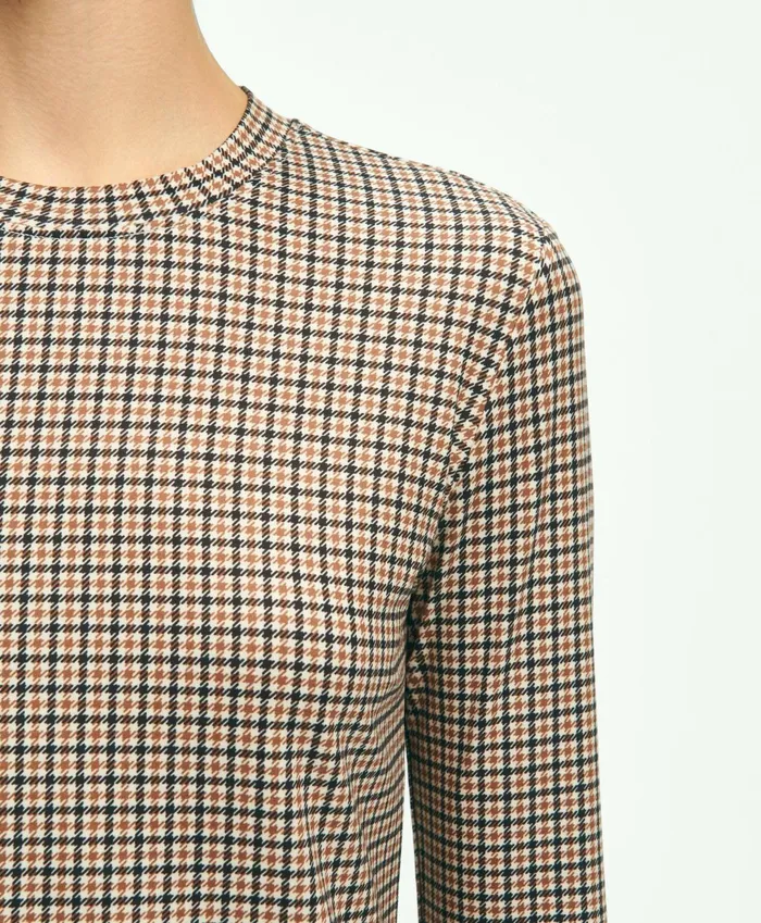 Women Jersey Tattersall Print LongSleeve TShirt Brown Brooks Brothers Blouses and Shirts