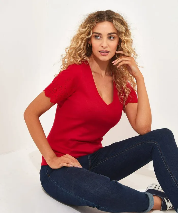 Women Joe Browns Broderie Sleeve Tee Whiteredlilac Women Joe Browns Broderie Sleeve Tee Whiteredlilac