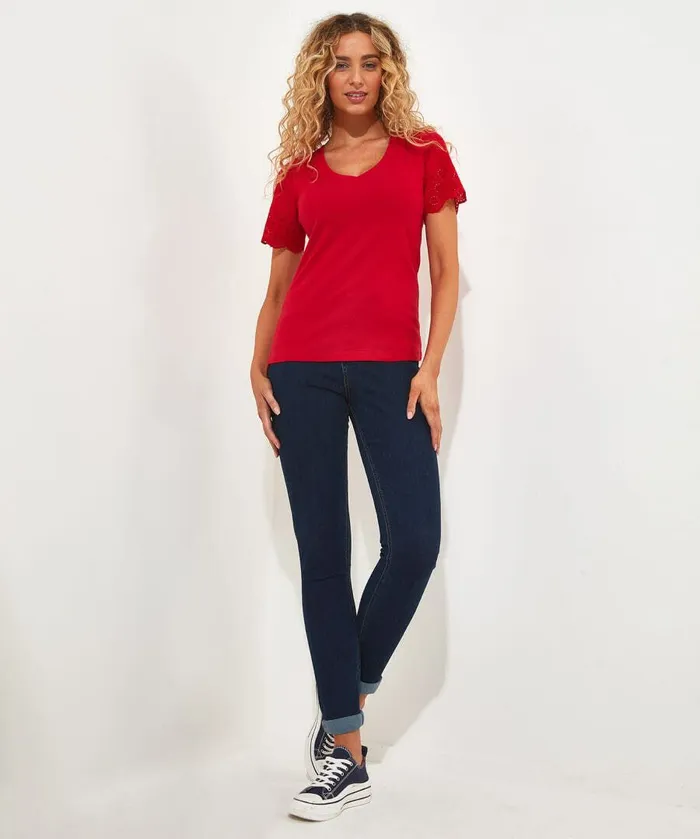 Women Joe Browns Broderie Sleeve Tee Whiteredlilac Women Joe Browns Broderie Sleeve Tee Whiteredlilac