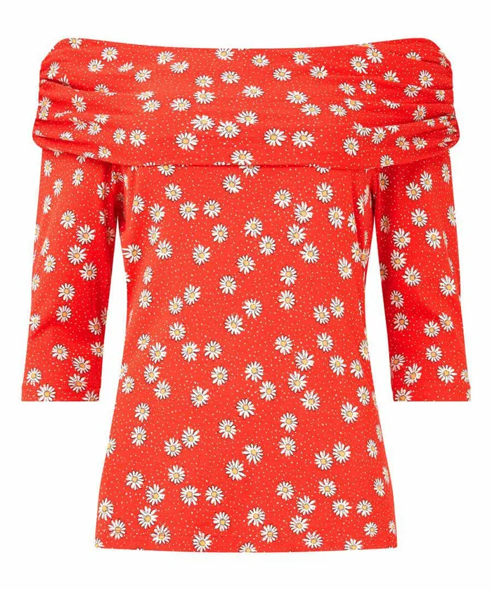 Women Joe Browns Ditsy Daisy Bardot Jersey Top Red Women Joe Browns Ditsy Daisy Bardot Jersey Top Red