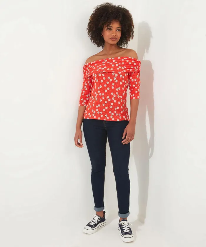 Women Joe Browns Ditsy Daisy Bardot Jersey Top Red Women Joe Browns Ditsy Daisy Bardot Jersey Top Red