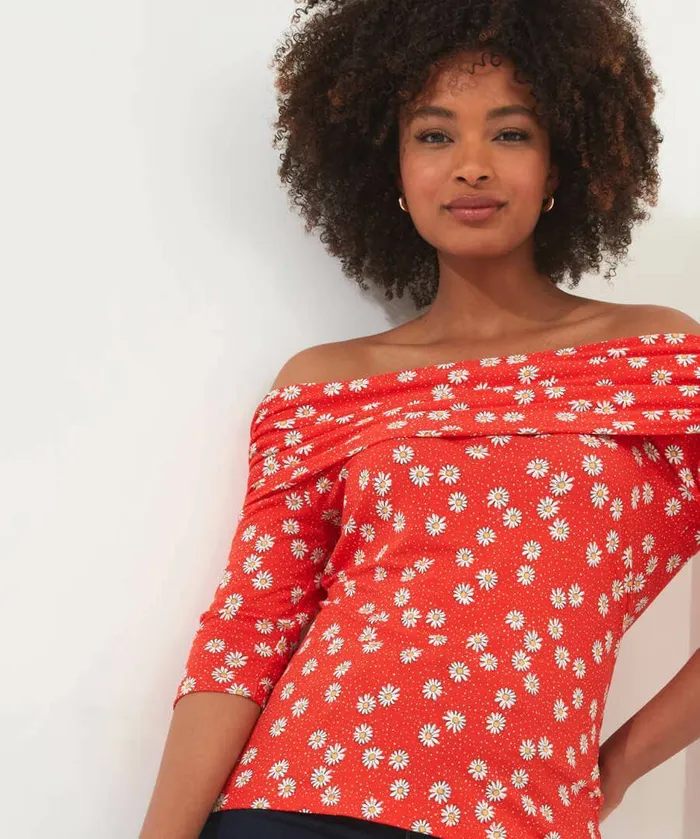 Women Joe Browns Ditsy Daisy Bardot Jersey Top Red Women Joe Browns Ditsy Daisy Bardot Jersey Top Red