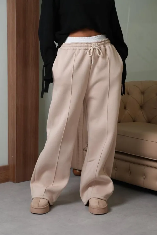 Women Jogging Large Beige Avec Empicement Blanc Beige Brentiny Paris Jogging Bottoms