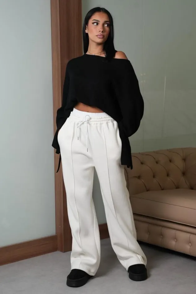 Women Jogging Large Blanc Avec Empicement Blanc White Brentiny Paris Jogging Bottoms