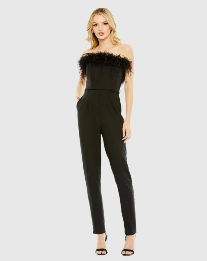 Women Jumpsuits and Rompers Mac Duggal Black Strapless Jumpsuit With Feather Trim 8211 FINAL SALE Black Women Jumpsuits and Rompers Mac Duggal Black Strapless Jumpsuit With Feather Trim 8211 FINAL SALE Black