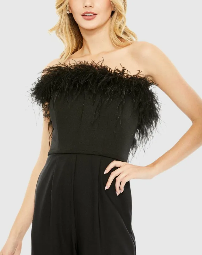 Women Jumpsuits and Rompers Mac Duggal Black Strapless Jumpsuit With Feather Trim 8211 FINAL SALE Black Women Jumpsuits and Rompers Mac Duggal Black Strapless Jumpsuit With Feather Trim 8211 FINAL SALE Black