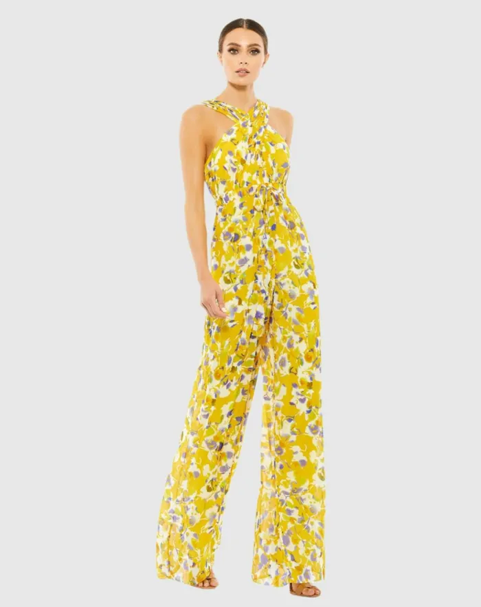 Women Jumpsuits and Rompers Mac Duggal Crossed Halter Tie Waist Jumpsuit Yellowmulti