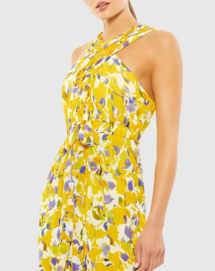 Women Jumpsuits and Rompers Mac Duggal Crossed Halter Tie Waist Jumpsuit Yellowmulti