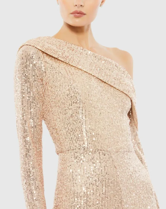 Women Jumpsuits and Rompers Mac Duggal Gold Sequined Drop Shoulder Long Sleeve Jumpsuit Rose Gold