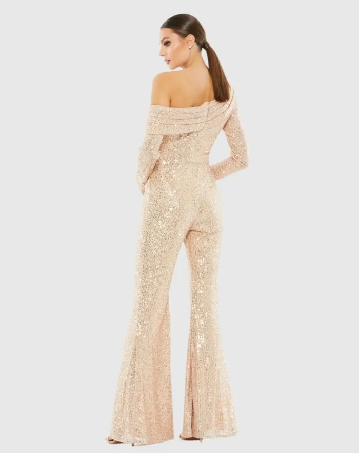 Women Jumpsuits and Rompers Mac Duggal Gold Sequined Drop Shoulder Long Sleeve Jumpsuit Rose Gold