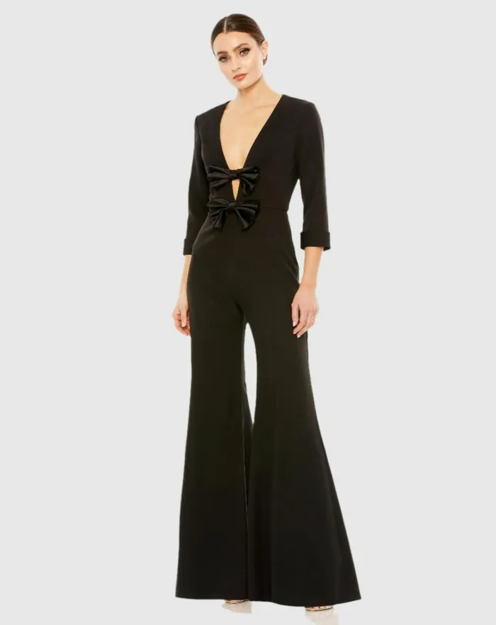 Women Jumpsuits and Rompers Mac Duggal Long Sleeve Bow Detail Wide Leg Jumpsuit Black