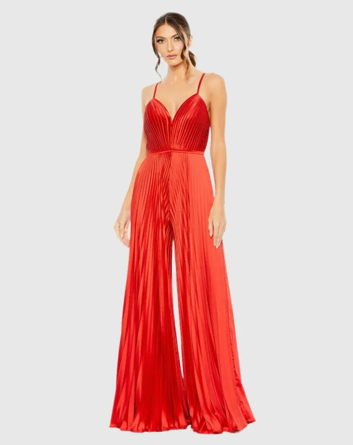 Women Jumpsuits and Rompers Mac Duggal Red Pleated Plunge Neck Wide Leg Jumpsuit Red