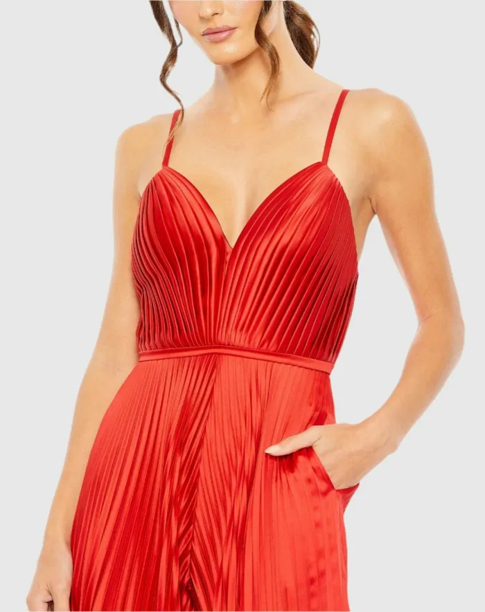 Women Jumpsuits and Rompers Mac Duggal Red Pleated Plunge Neck Wide Leg Jumpsuit Red