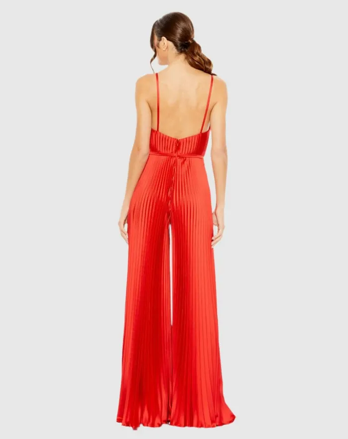 Women Jumpsuits and Rompers Mac Duggal Red Pleated Plunge Neck Wide Leg Jumpsuit Red