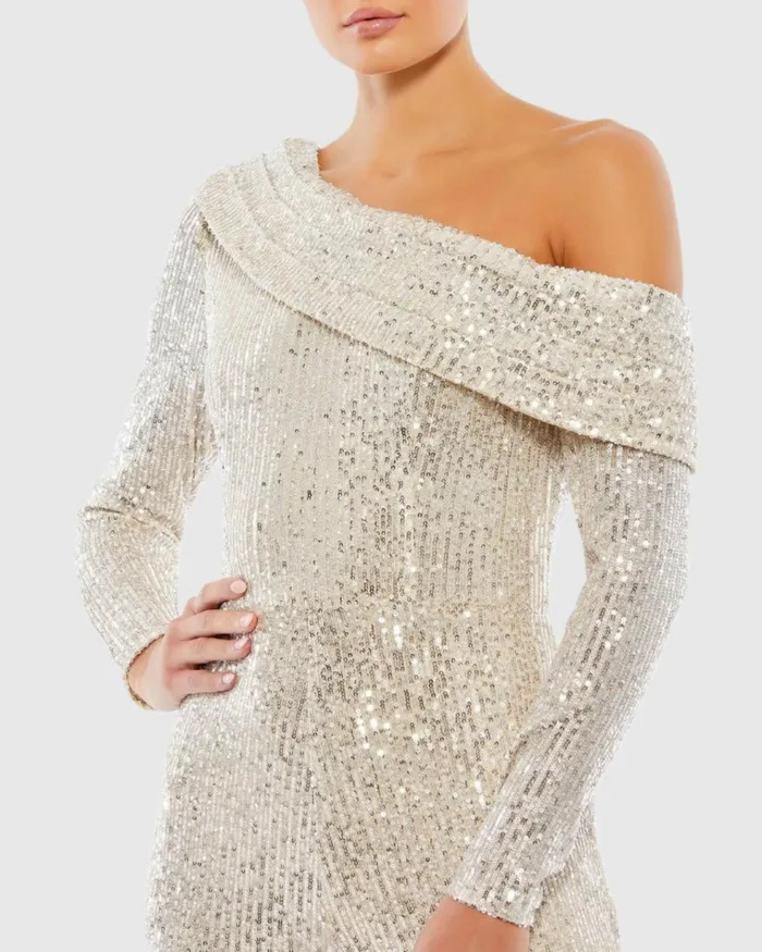Women Jumpsuits and Rompers Mac Duggal Sequined Drop Shoulder Long Sleeve Jumpsuit Nude Silver