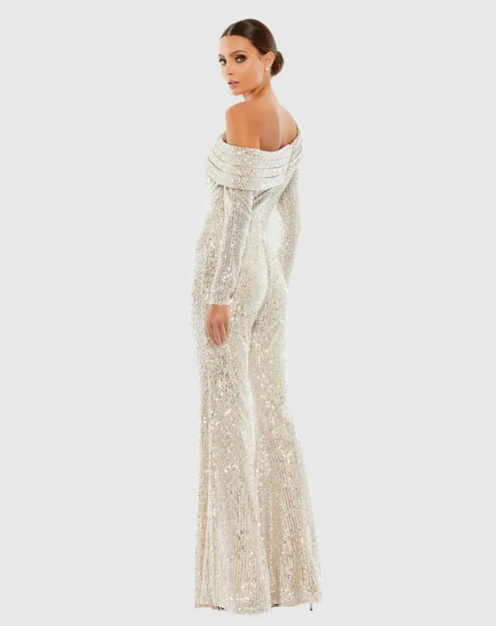 Women Jumpsuits and Rompers Mac Duggal Sequined Drop Shoulder Long Sleeve Jumpsuit Nude Silver