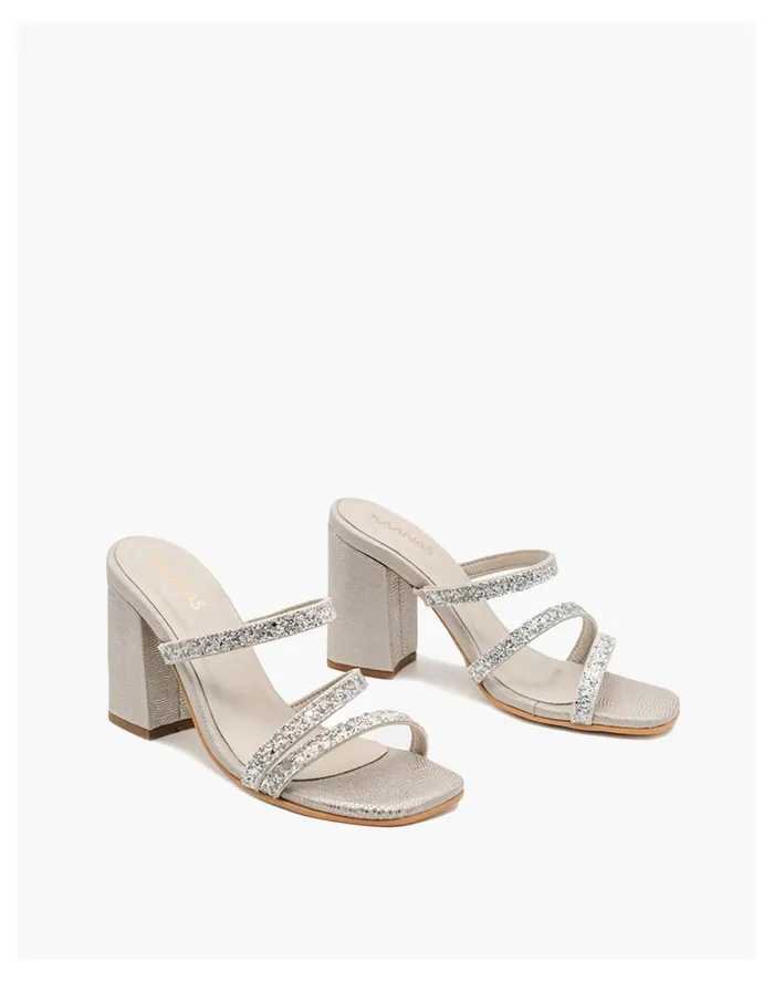 Women KAANAS Mercer Glittery Strap Heels Silver Madewell Heels