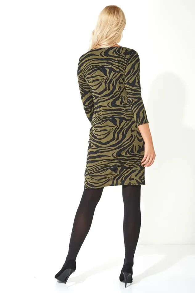 Women Khaki Animal Print Tie Front Shift Dress Roman Dresses