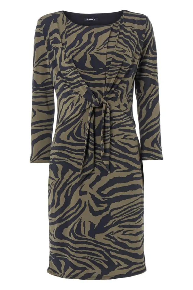 Women Khaki Animal Print Tie Front Shift Dress Roman Dresses