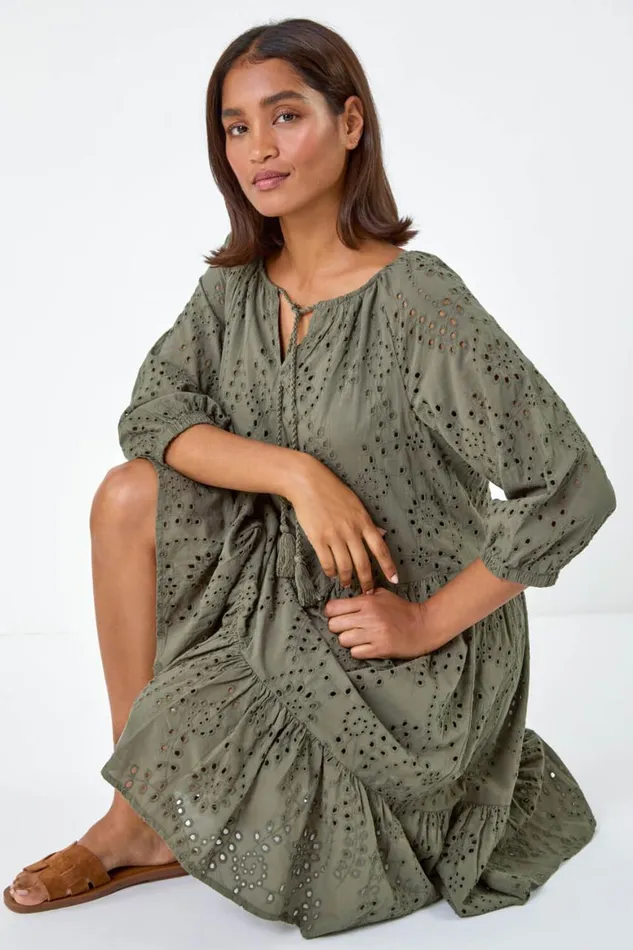 Women Khaki Cotton Broderie Tiered Smock Dress Roman Dresses