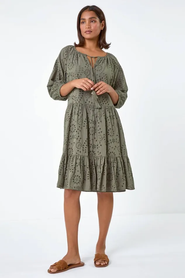 Women Khaki Cotton Broderie Tiered Smock Dress Roman Dresses
