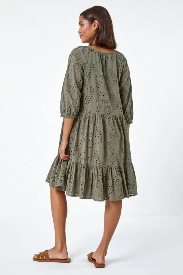 Women Khaki Cotton Broderie Tiered Smock Dress Roman Dresses