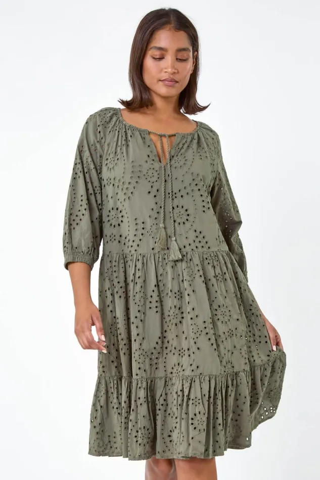 Women Khaki Cotton Broderie Tiered Smock Dress Roman Dresses