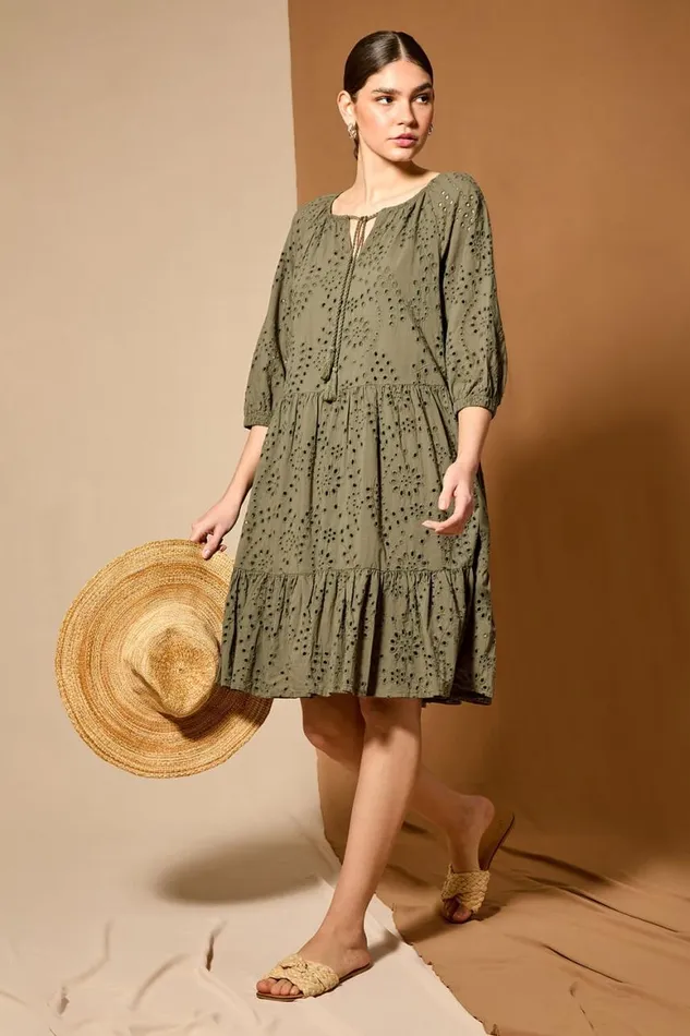 Women Khaki Cotton Broderie Tiered Smock Dress Roman Dresses