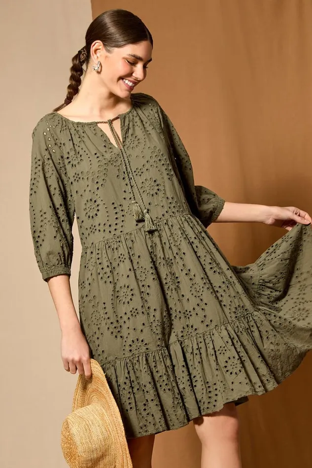 Women Khaki Cotton Broderie Tiered Smock Dress Roman Dresses