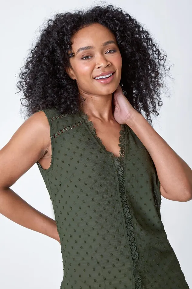 Women Khaki Petite Spot Print Lace VNeck Tunic Top Roman Tops