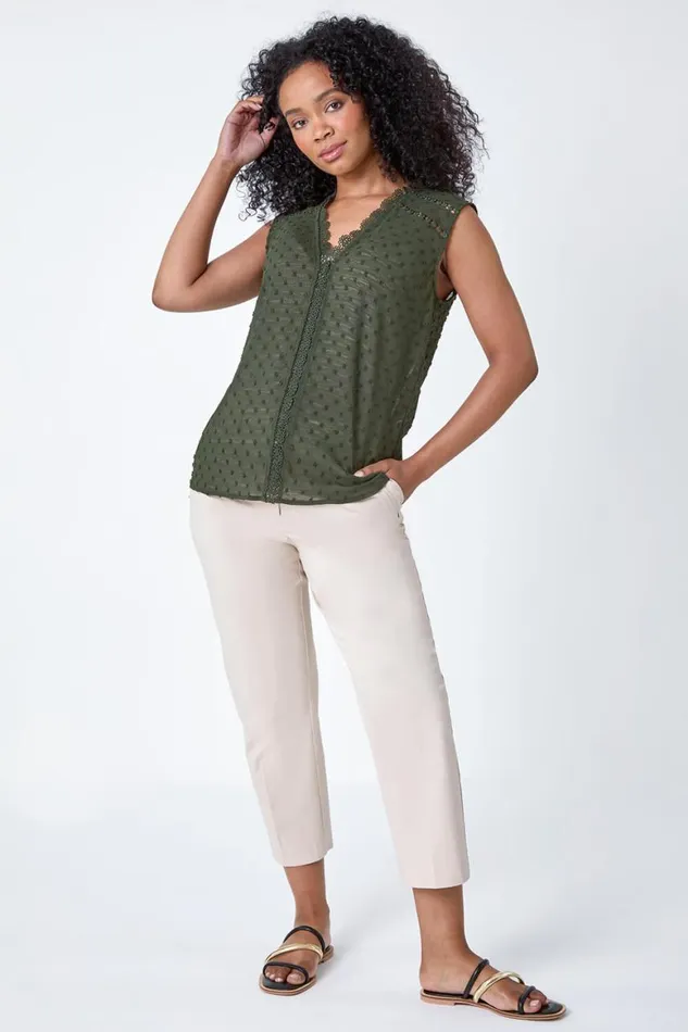 Women Khaki Petite Spot Print Lace VNeck Tunic Top Roman Tops