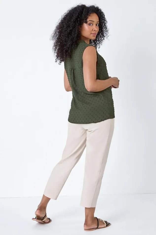 Women Khaki Petite Spot Print Lace VNeck Tunic Top Roman Tops