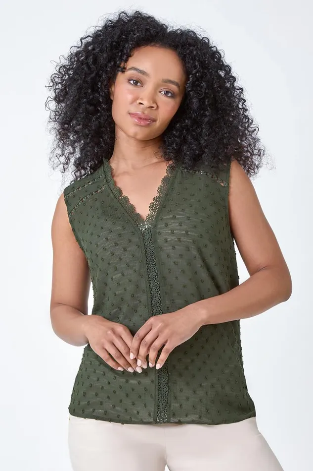 Women Khaki Petite Spot Print Lace VNeck Tunic Top Roman Tops