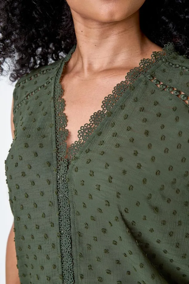 Women Khaki Petite Spot Print Lace VNeck Tunic Top Roman Tops