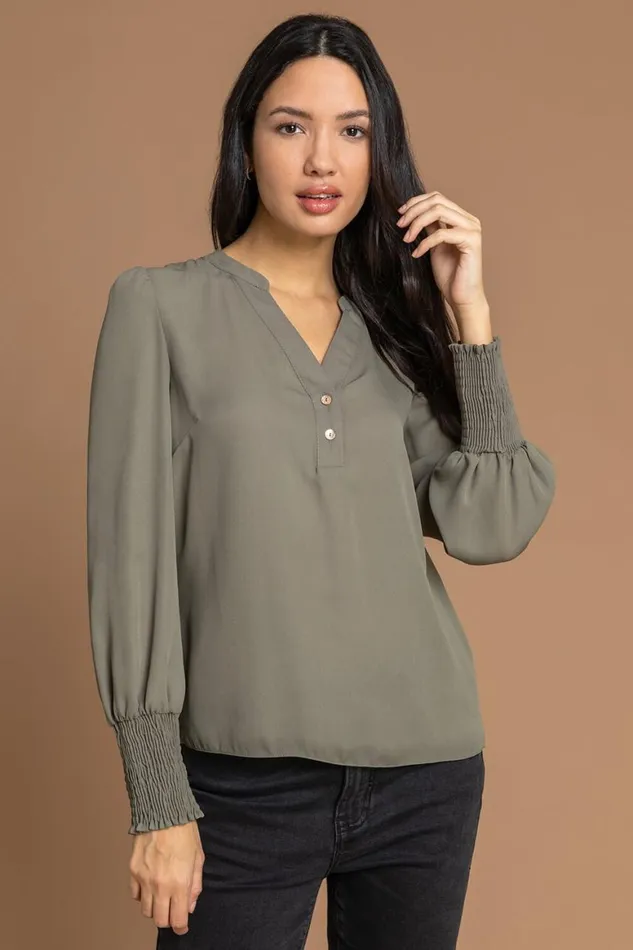 Women Khaki Plain Buttoned Shirred Cuff Chiffon Top Roman Tops