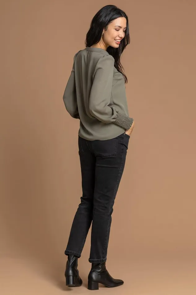 Women Khaki Plain Buttoned Shirred Cuff Chiffon Top Roman Tops