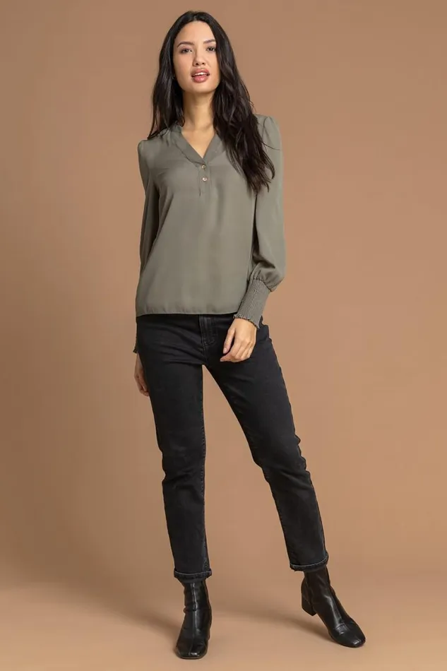 Women Khaki Plain Buttoned Shirred Cuff Chiffon Top Roman Tops