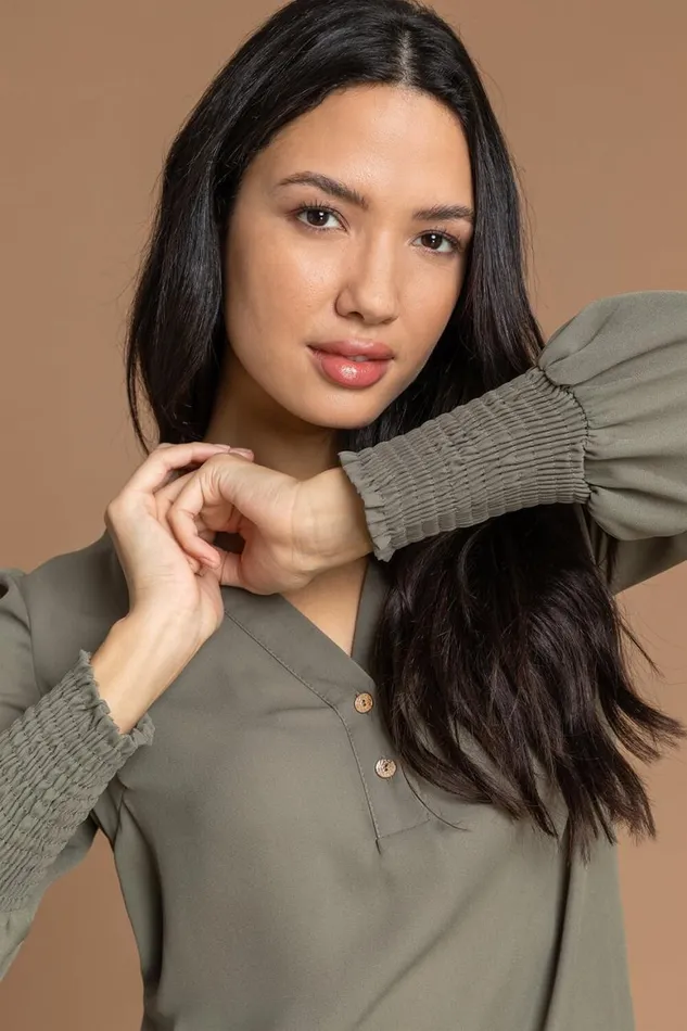 Women Khaki Plain Buttoned Shirred Cuff Chiffon Top Roman Tops
