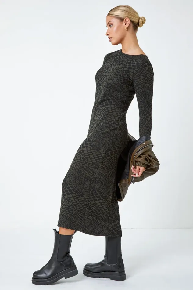 Women Khaki Snake Print Jacquard Stretch Dress Roman Dresses