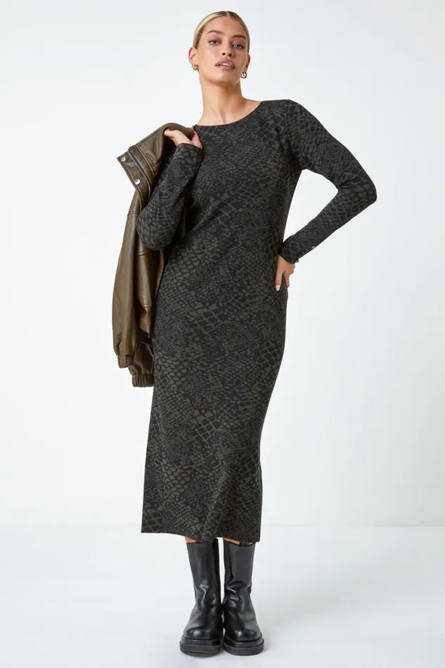 Women Khaki Snake Print Jacquard Stretch Dress Roman Dresses