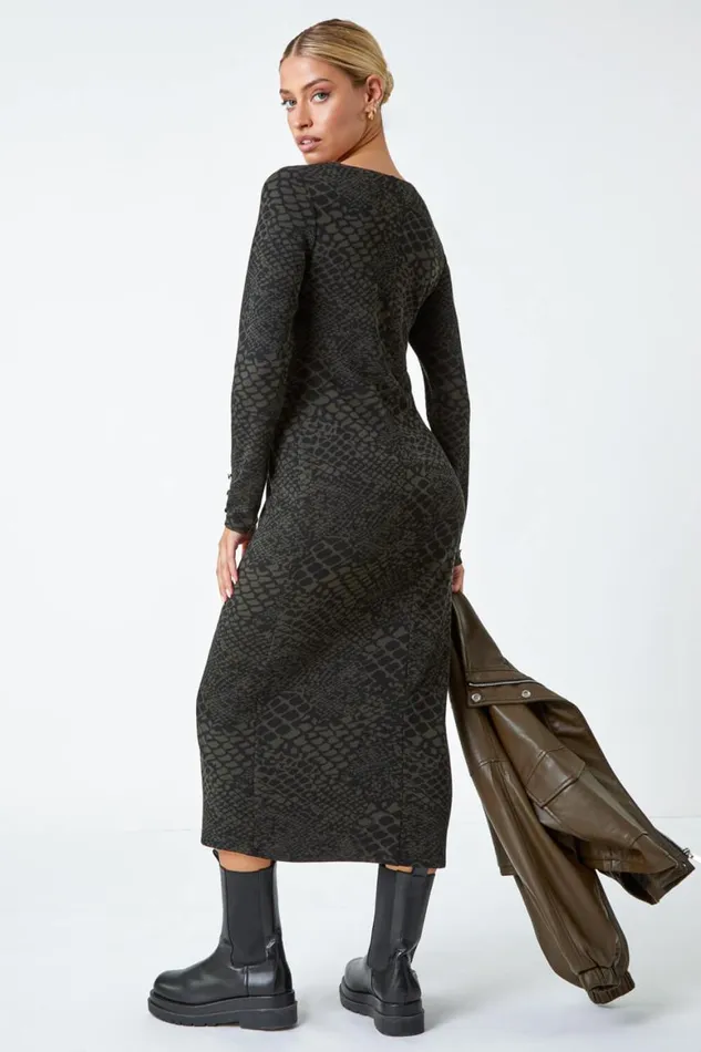 Women Khaki Snake Print Jacquard Stretch Dress Roman Dresses