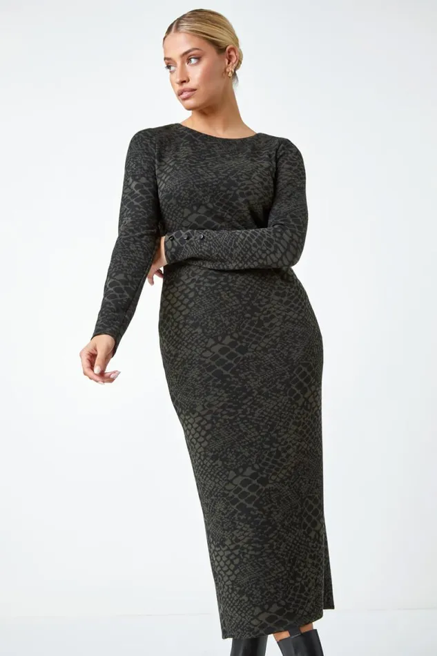 Women Khaki Snake Print Jacquard Stretch Dress Roman Dresses