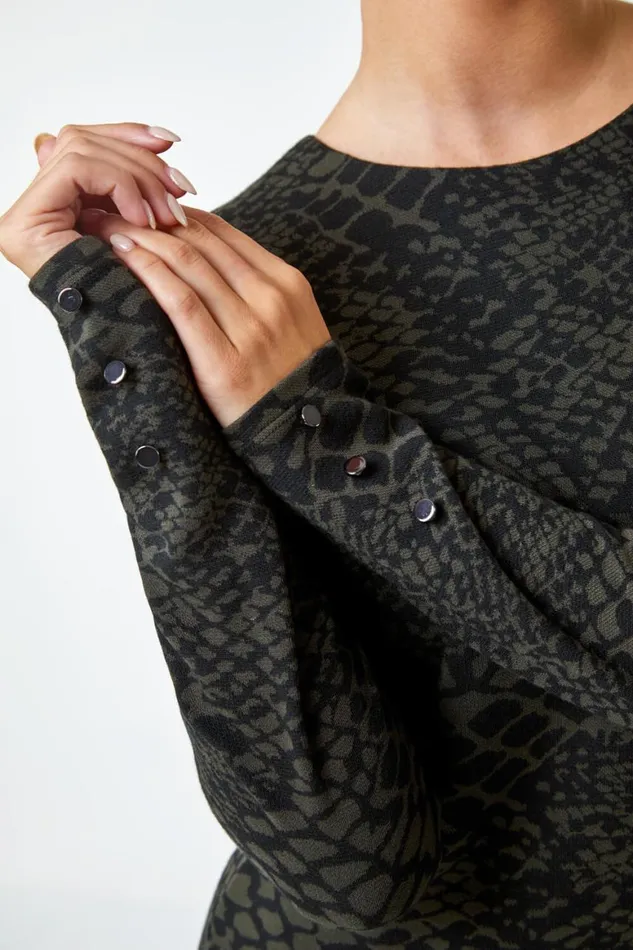 Women Khaki Snake Print Jacquard Stretch Dress Roman Dresses