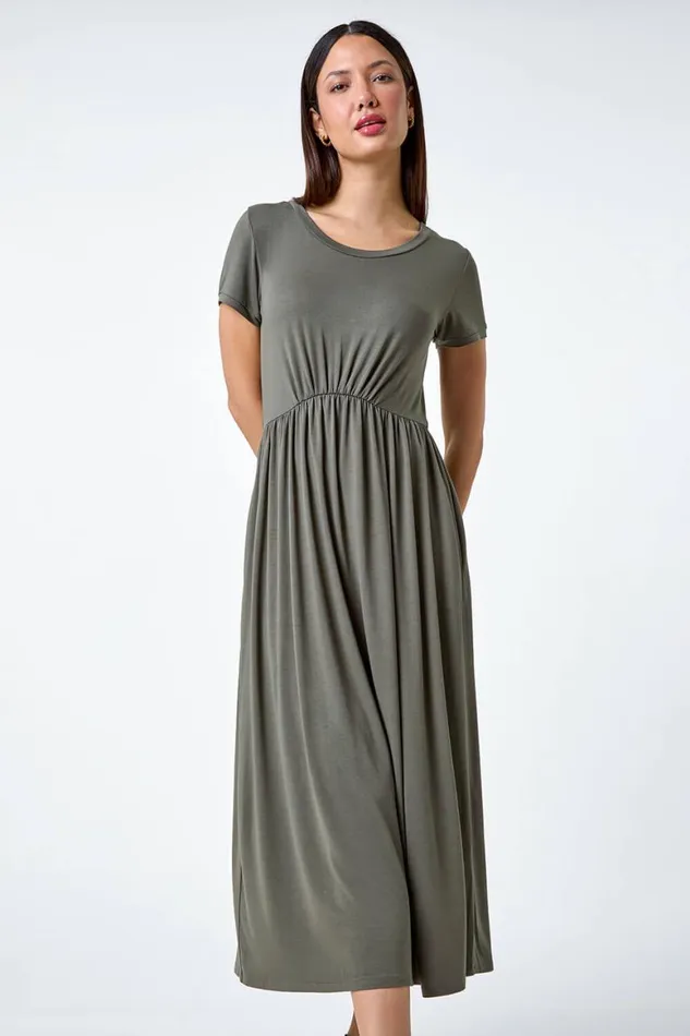 Women Khaki Stretch Gathered Pocket TShirt Dress Roman Dresses