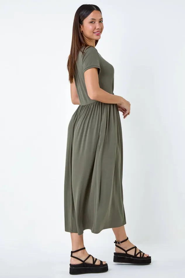 Women Khaki Stretch Gathered Pocket TShirt Dress Roman Dresses