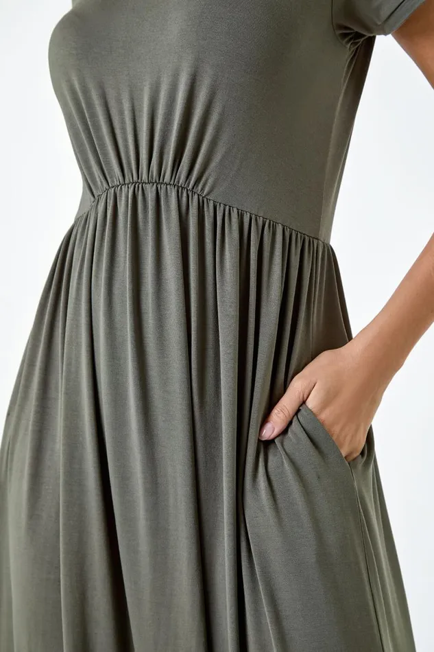 Women Khaki Stretch Gathered Pocket TShirt Dress Roman Dresses