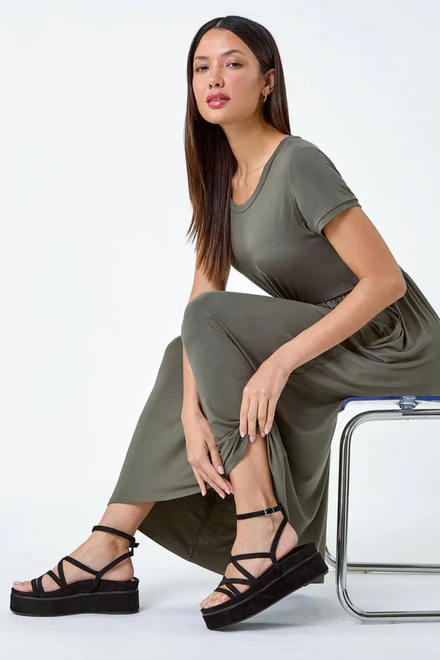 Women Khaki Stretch Gathered Pocket TShirt Dress Roman Dresses