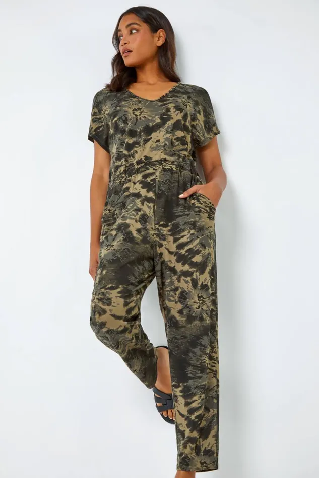 Women Khaki Tie Dye Pocket Stretch Jumpsuit Roman Dresses