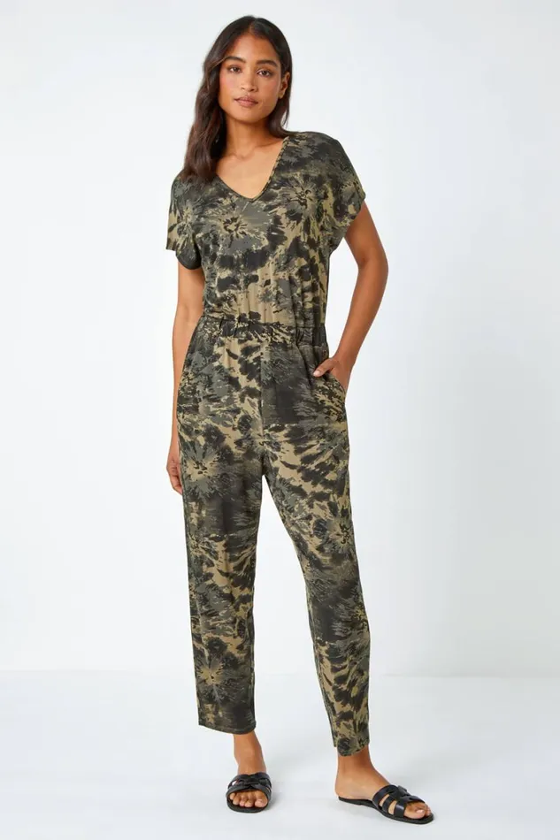 Women Khaki Tie Dye Pocket Stretch Jumpsuit Roman Dresses