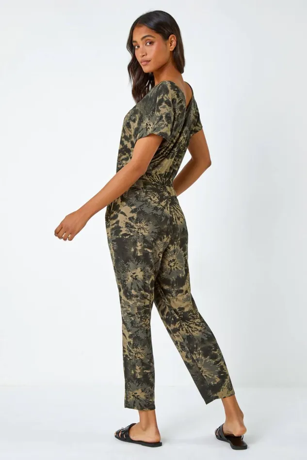 Women Khaki Tie Dye Pocket Stretch Jumpsuit Roman Dresses